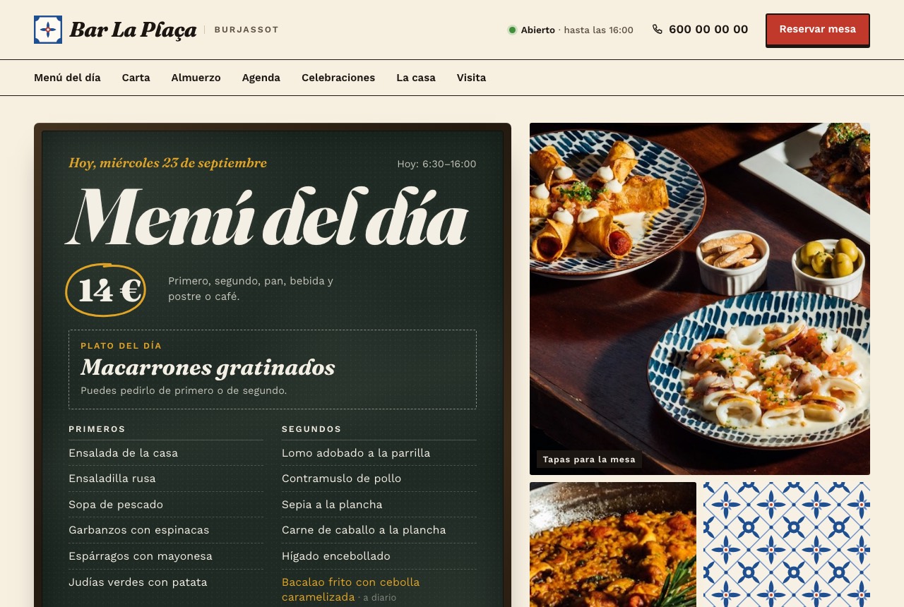 Portada de la web del bar: el menú del día en una pizarra junto a fotos de tapas y paella