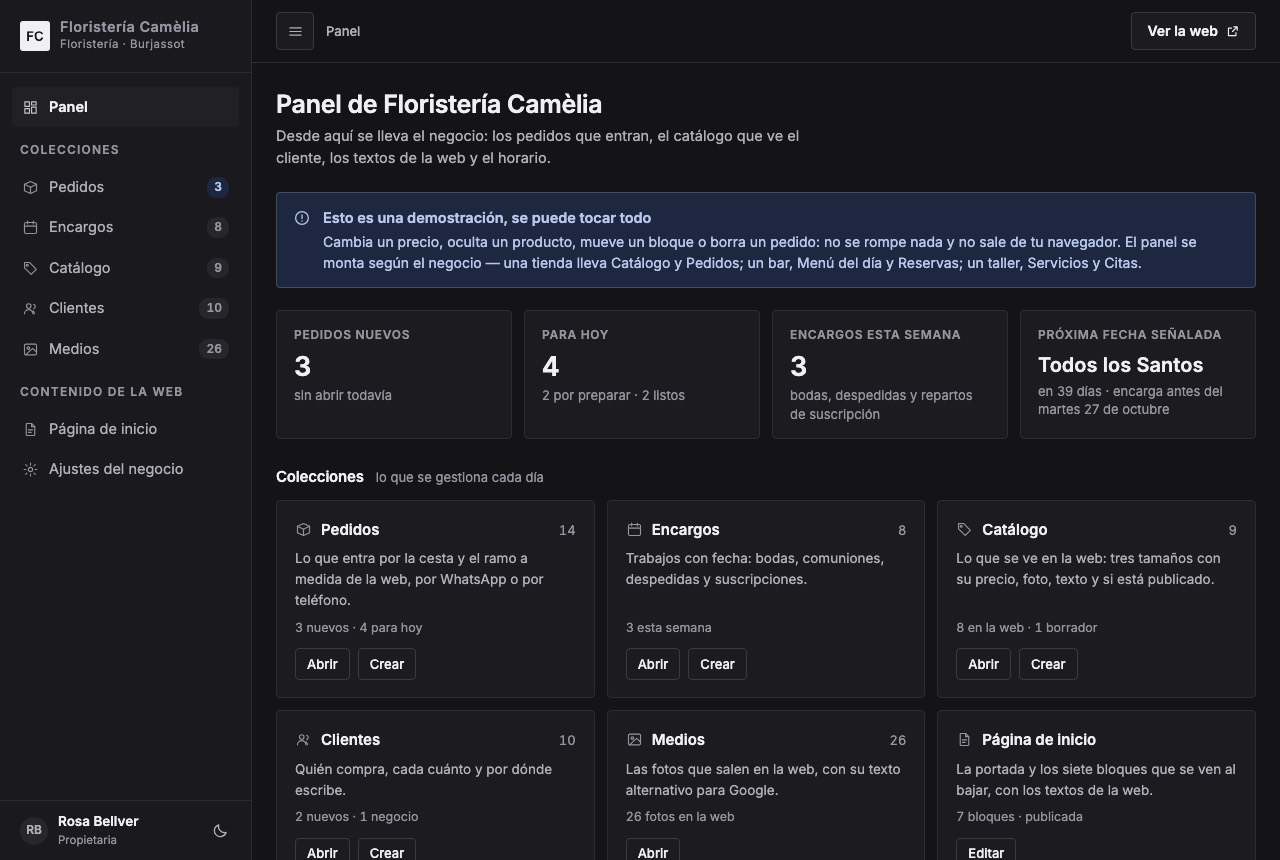 Panel de gestión con los pedidos y el catálogo del negocio