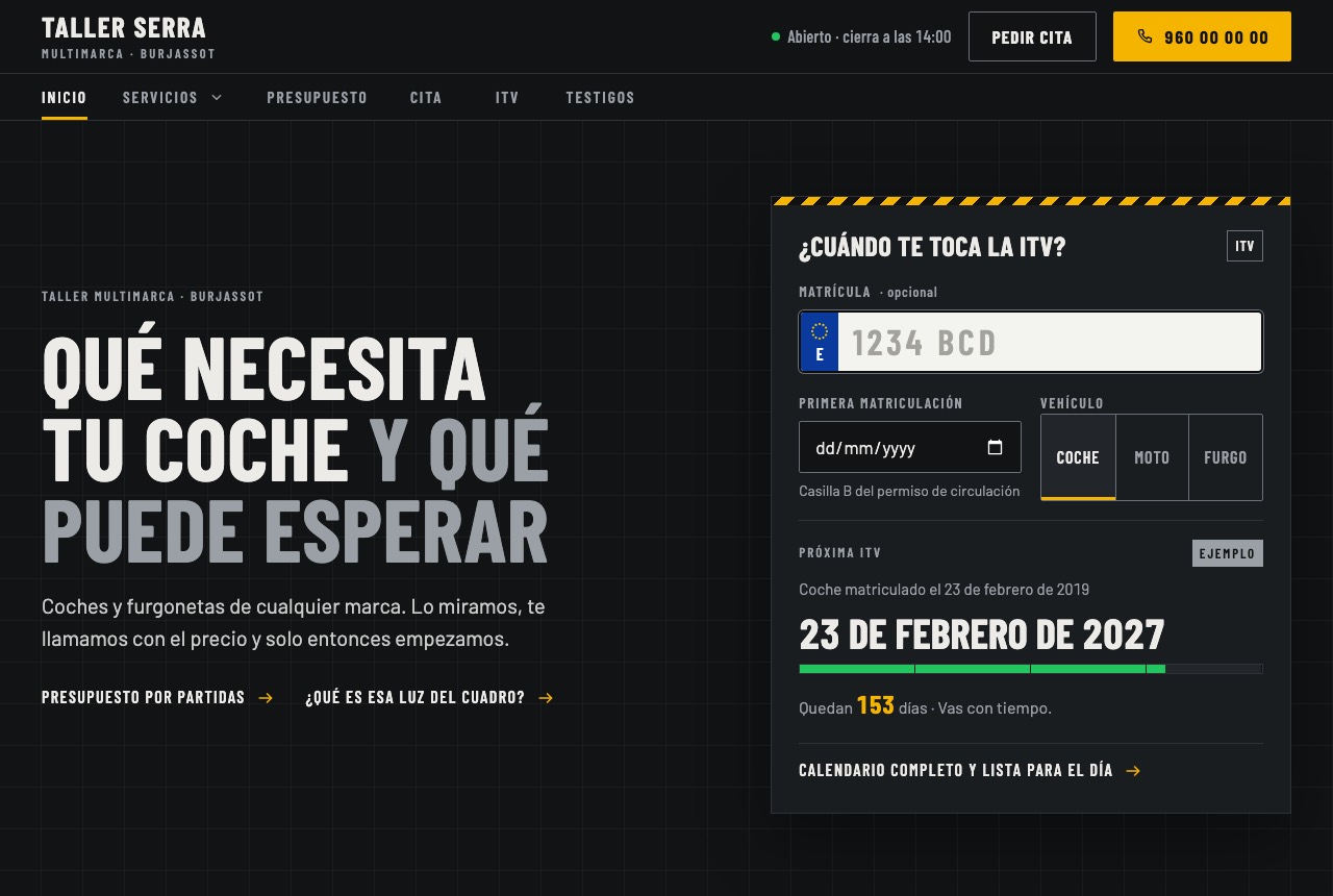 Portada de la web del taller: la matrícula para calcular la ITV sobre fondo oscuro