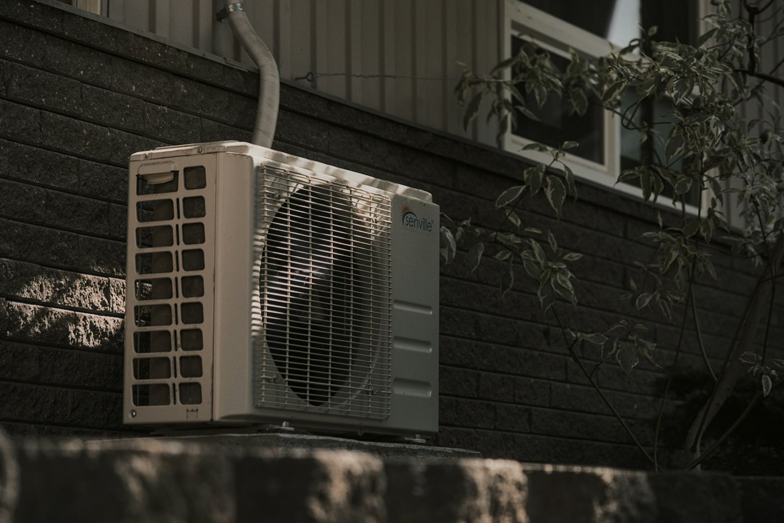 Máquina exterior de aire acondicionado junto a una pared oscura, a la sombra de unas plantas