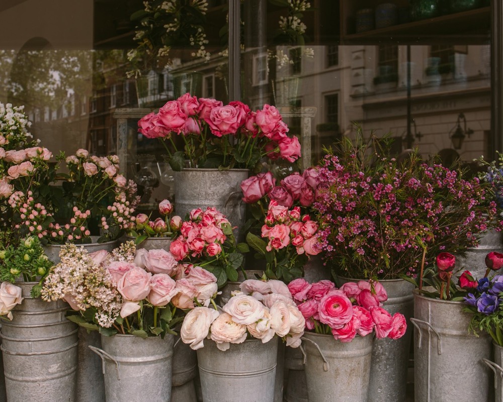 Cubos de zinc con rosas, ranúnculos y flor de cera en la puerta de la floristería