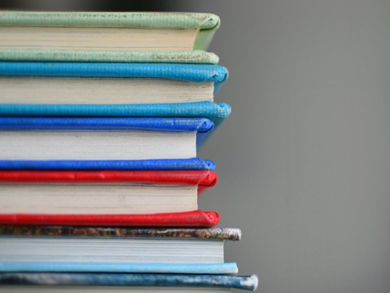 Pila de libros con tapas de colores vista de lado